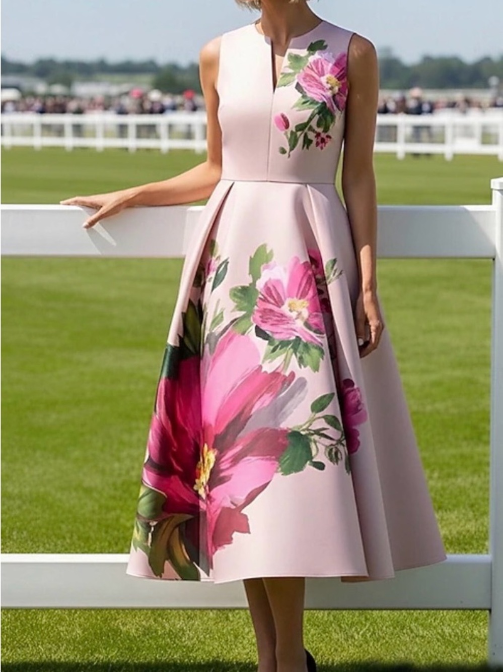 Sleeveless Pink Floral Midi Dress with A-Line Skirt